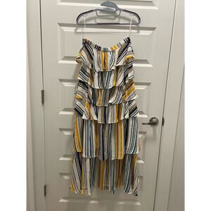 REVE Add Flair Yellow Multi Stripe High-Low Maxi Skirt Tiered Ruffle Boho Med